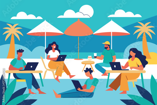 Diverse group of people working remotely on laptops under umbrellas at a tropical beach cafe enjoying a sunny day with palm trees and blue sky