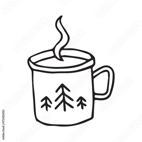 steaming winter mug line drawing in simple black and white cozy beverage illustration. Vector hand drawn illustration for postcards, logo, stikers, polygraphy and social media. 