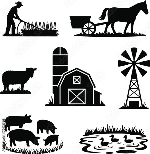 Farm Life Black Silhouette Vector Illustration Isolated