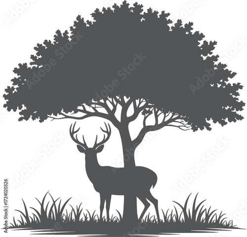 Deer Illustration Under Tree Vector Black Art Isolated