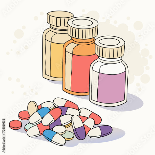 Colorful medicine pills and bottles illustration for healthcare and pharmaceutical designs, promoting wellness and medication adherence