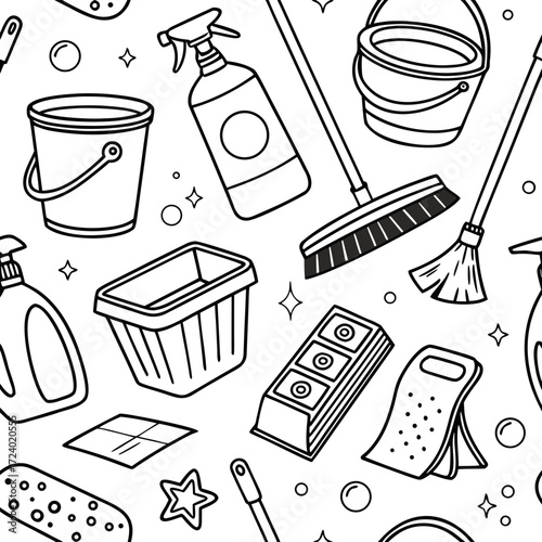 Keep your spaces sparkling clean with this delightful seamless pattern featuring essential cleaning supplies for a fresh, tidy home