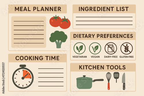 Organized kitchen planning sheet with meal planner ingredient list and dietary preferences