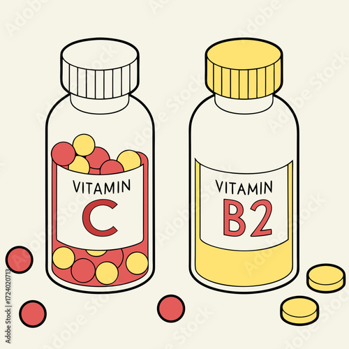 Boost Your Wellness: Vitamin C and B2 supplement bottles showcase health benefits, fueling energy and vitality for modern lifestyles