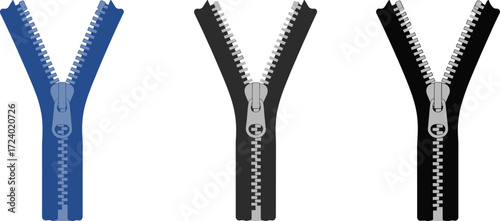 Stylized zipper illustration set, Y-shaped zip icons, garment fastener elements, realistic slider teeth, fashion accessory design, editable vector pack
