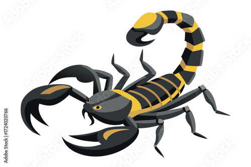 Stylized scorpion with black and yellow stripes displays menacing pincers and curved stinger