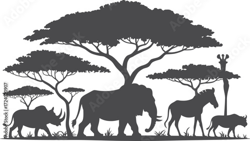African Safari Silhouette Illustration Art Elephant Rhino Giraffe Zebra Buffalo Vector Isolated Black