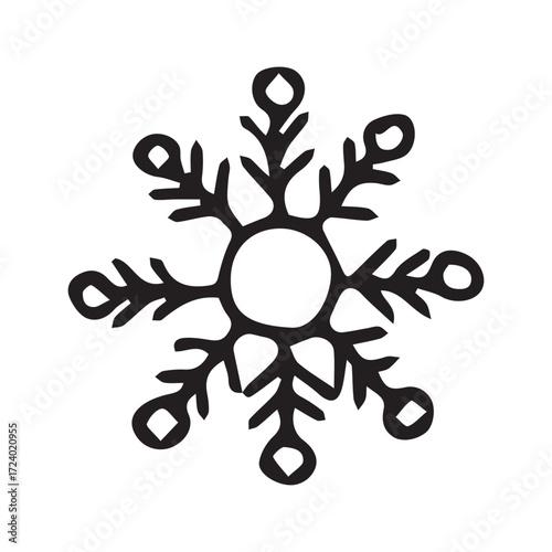 stylized snowflake graphic in bold black-and-white minimal line style for seasonal decor. Vector hand drawn illustration for postcards, logo, stikers, polygraphy and social media. 