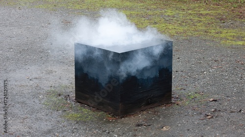 Mysterious Box with Smoke Emitting in Outdoor Environment