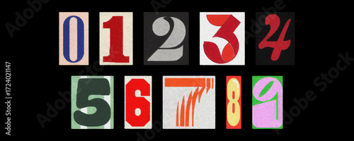 Bild auf Leinwand Magazine cutout numbers 0–9 collage set on a solid black background