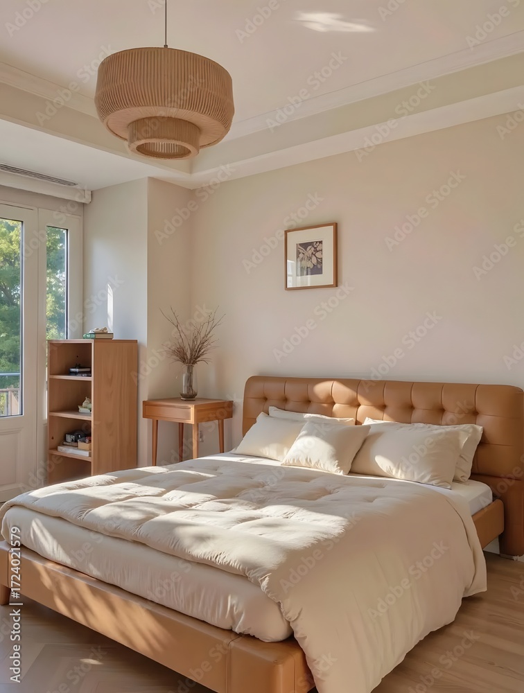 Fototapeta premium Comfortable Bedroom with Natural Light and Neutral Tones