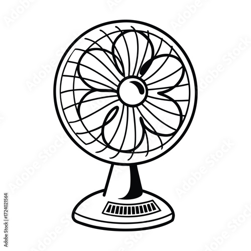 A simple black and white line drawing illustration of a classic oscillating desk fan with a round cage and multiple blades on a pedestal base
