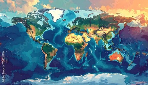 Colorful stylized world map, showing continents and oceans.  Detailed, textured