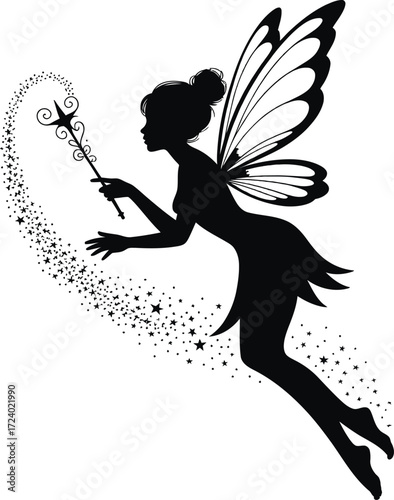 Winged Fairy Silhouette Vector Illustration Isolated Black Art