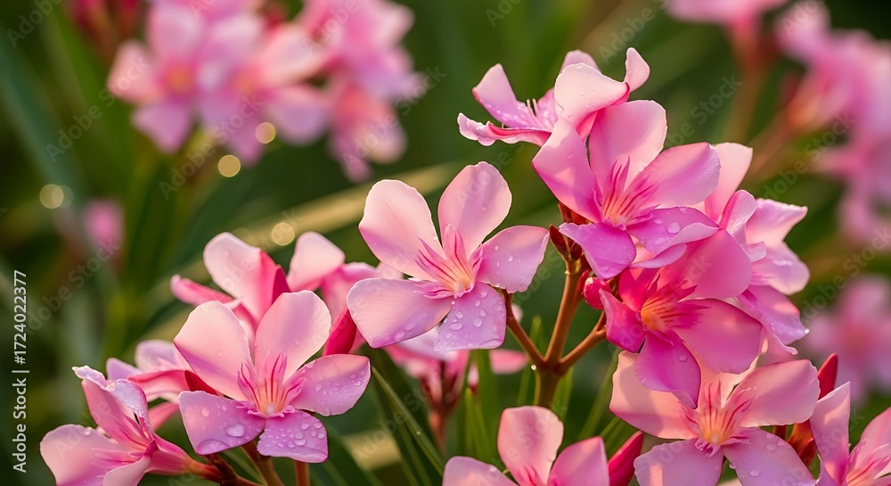 Obraz premium Delicate pink oleander blooms with water droplets glistening in light