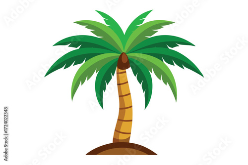 Cartoon palm tree rises from sandy soil, featuring vibrant green leaves against white