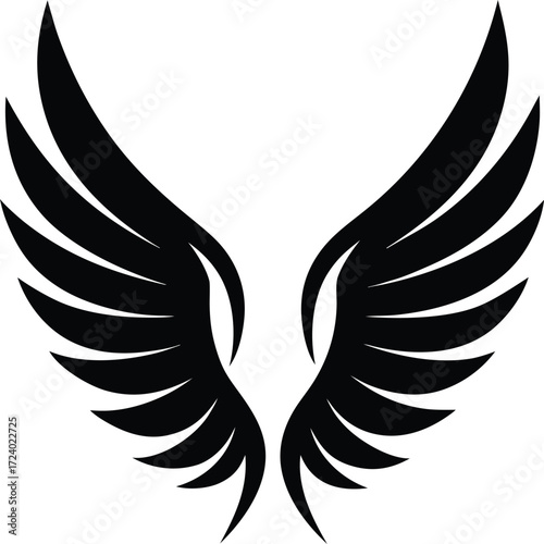 Bold black stylized angel wings spread wide against a stark white background symbolizing freedom protection and soaring aspirations in a graphic design element
