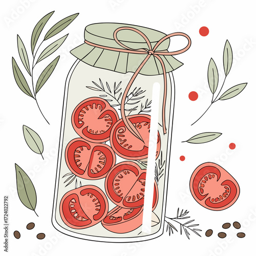 Jar of preserved tomatoes with herbs and spices in a cute cartoon style illustration for food preservation and canning concepts