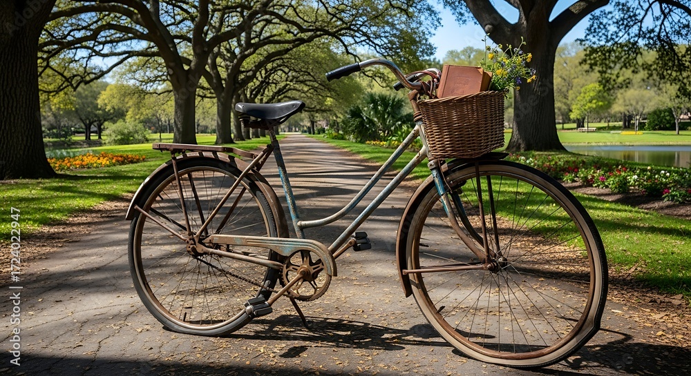 Fototapeta premium Charming Vintage Bicycle Resting on a Path in a Picturesque Park Setting