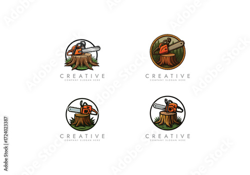 chainsaw logo tool, Chainsaw on Tree Stump Logo vector design 