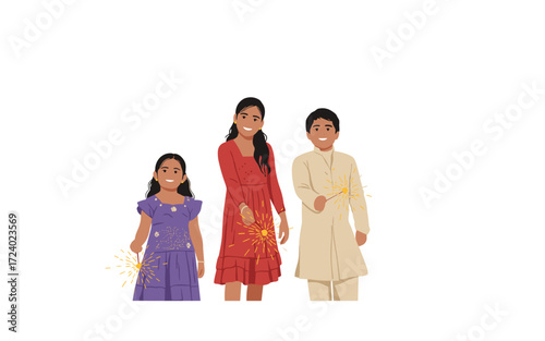 Happy Indian Family Celebrating Diwali Festival with Sparklers in Traditional Clothing