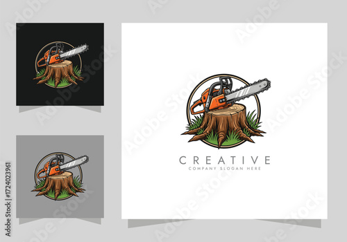 chainsaw logo tool, Chainsaw on Tree Stump Logo vector design 