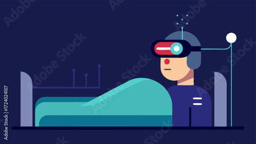 Biohacker in Bed A minimalist figure lying in bed wearing a sleep mask with a futuristic headband on indicating active monitoring of brainwaves or sleep stages.