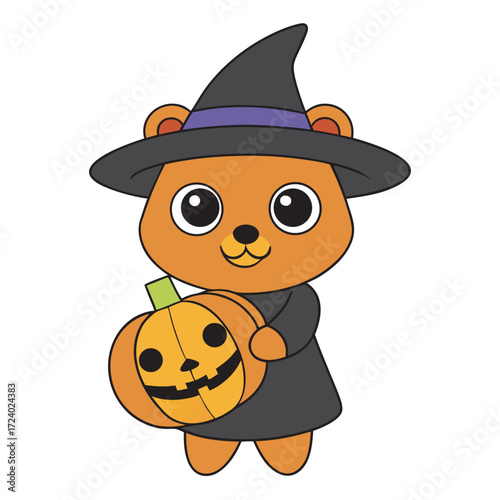 Cute bear dressed as a witch holding a jackolantern