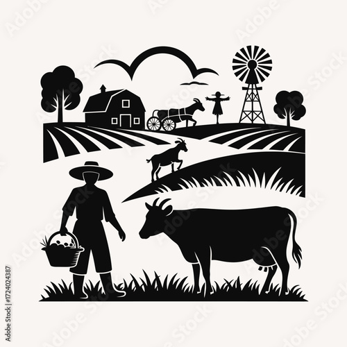 Farm Life Illustration Vector Black and White Isolated Art