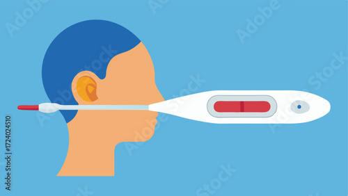 Body Temperature Measurement An illustration of a digital thermometer clipped to a patients earlobe with a glowing temperature display showing a healthy range.