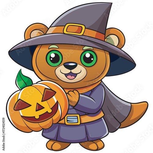 Cartoon bear dressed as a witch holding a jackolantern