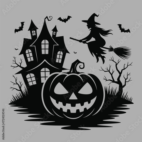 Halloween Witch Pumpkin Illustration Vector Isolated Black Art. Scary House with Flying Witch Vector