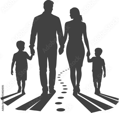 Family Illustration Walking Vector Isolated Black Art. Parents with Children Holding Hands. Family Silhouette