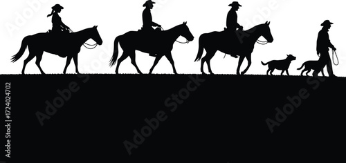 Cowboys Riding Horse Illustration Vector Isolated Black Art. Western Equestrian Riders with Dog