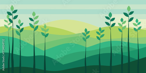 Green plants growing in a field with hills in the background, a peaceful and serene nature scene with a calming color palette