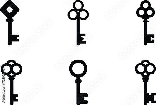 Vintage Black key collection antique keys for lock and security access concept