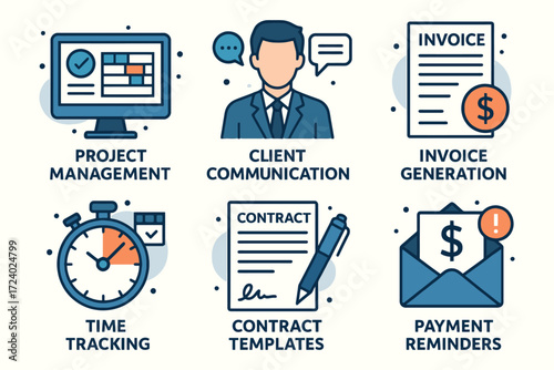 Business services icons for project management client communication invoicing time tracking contracts and payment