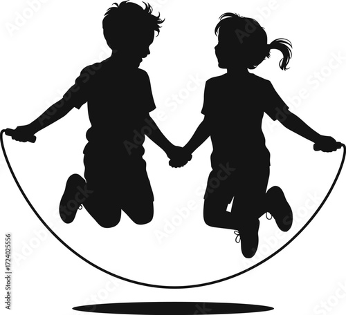 Jumping Kids Silhouette Illustration Art Vector Isolated in Black
