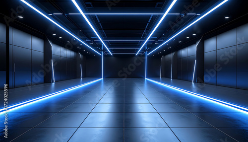 Futuristic Neon Tunnel Blue Light Corridor Perspective