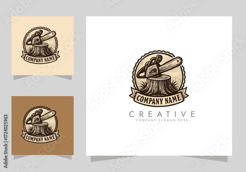 chainsaw logo tool, Chainsaw on Tree Stump Logo vector design 