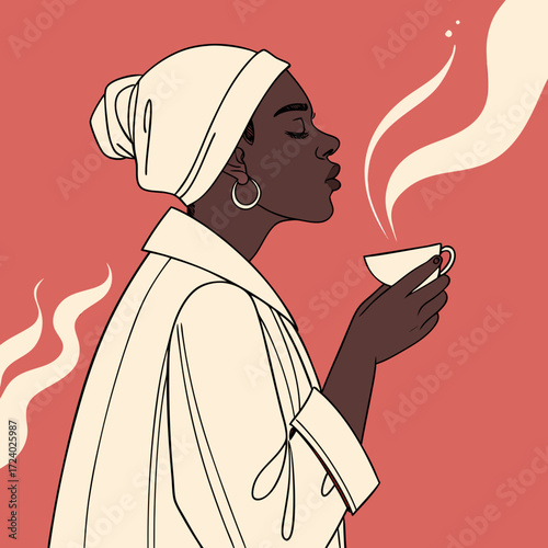 Illustration of african american woman drinking tea enjoying relaxation and self care moment in minimal style art