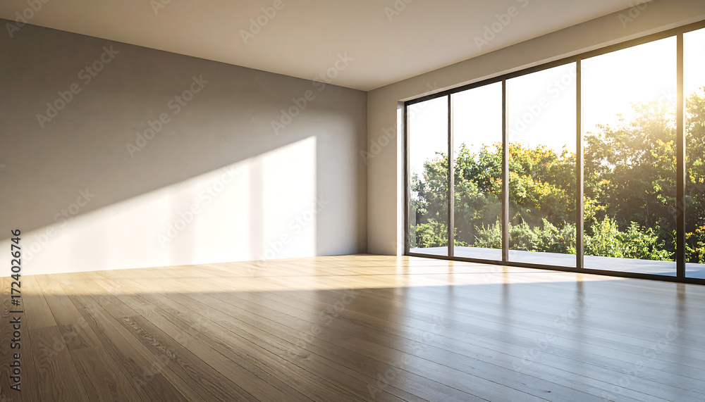 Obraz premium Bright Empty Room with Large Windows Overlooking Lush Green Trees