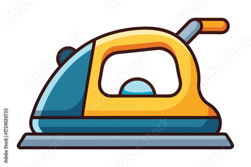 Cartoon electric iron with yellow handle and blue water reservoir sitting horizontally