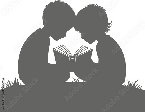 Kids Reading Book Art Vector Illustration Isolated Black Silhouette