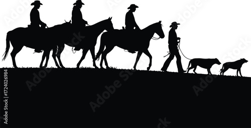Silhouette Cowboy with Horses and Dogs Black Illustration Art Vector Isolated