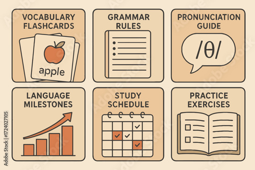 Collection of educational icons representing language learning tools and resources for students