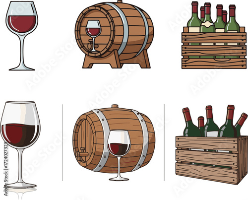 Collection of Illustrative Wine Elements: Glass, Barrel, and Bottle Crate