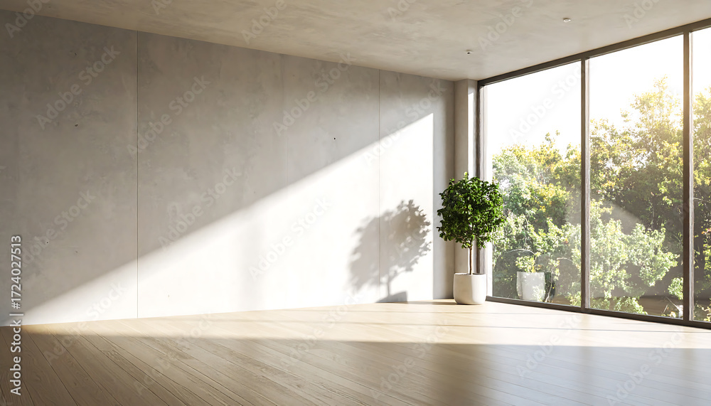 Obraz premium Sunlight streaming into a modern, minimalist room with large windows overlooking lush greenery, creating a bright and airy atmosphere