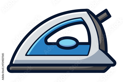 Cartoon drawing shows a gray and blue clothes iron on a white background