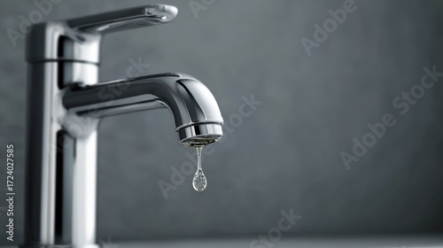 Chrome faucet with single dripping water drop
